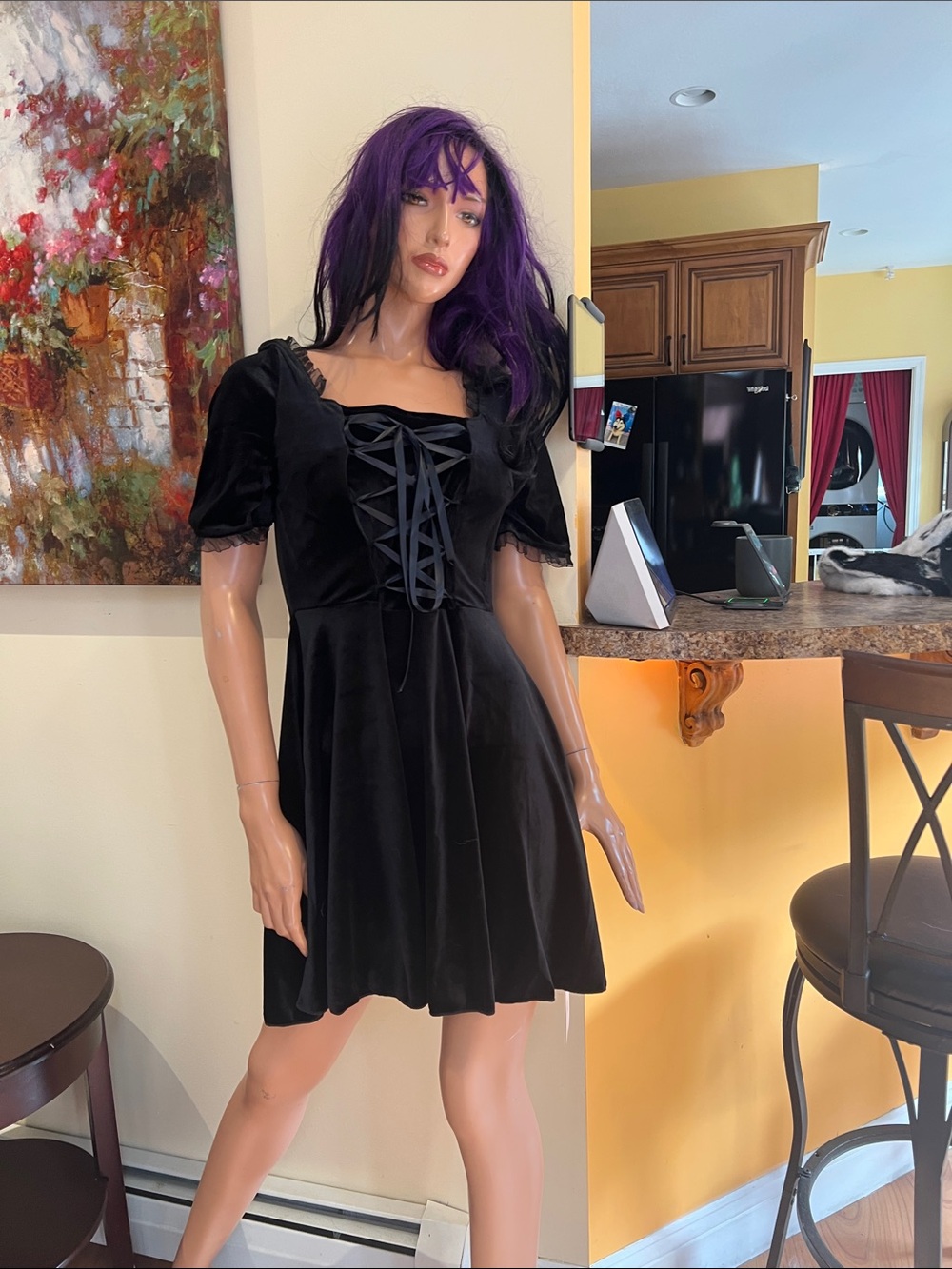 Black Velvet corset Short Sleeve peasant S Dress nwt